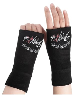 VOYANTE 1 Paar Stray Fingerlose Handschuhe, Gloves für Stray Merch, Schwarze Baumwoll Skz Merch Strickhandschuhe für Stray Fans Damen Herren Kinder Alltag Halloween Accessoires