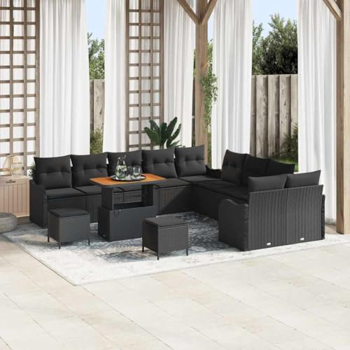 Yunovire Garten-Sofa-Set 13-teilig, Schwarz Poly-Rattan, Massivholz Akazie, Höhenverstellbar, Wetterfestes Lounge-Möbel für Terrasse und Balkon, Outdoor-Sitzgruppe