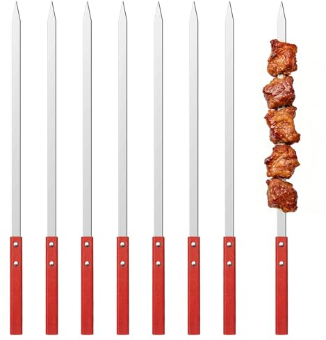 8 brochetas para barbacoa de acero inoxidable, 42 cm, planas, brochetas de acero inoxidable Adana, kebab con mango de madera, pinchos de metal para pinchos de carne, brochetas largas para barbacoa