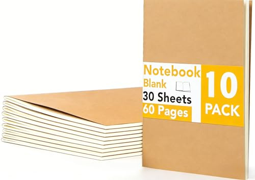 JSQJ Notizbuch A5 Blanko 10er Set Notizhefte mit 30 Blatt DIY Kraft Cover | Heft mit Fadenheftung Softcover, 80g/m² Cremefarbenes Papier, 180° Flach, Block für Schule Büro Tagebuch Reisen