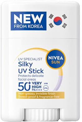 NIVEA SUN - Stick UV Visage Silky, Écran Solaire Visage, SPF 50+, 15 g | Stick solaire visage coréen, non gras, invisible, sans parfum, résistant à la transpiration, tous types de peau