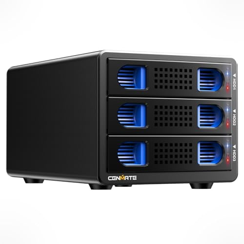 Festplattengehäuse, CENMATE 10Gbps Aluminium 3 Bay Gehäuse mit Kühllüfter für 2.5/3.5 SATA HDD/SSD mit USB A/C 3.2 Kabel, unterstützt Hot Swappable, werkzeugfrei HDD Gehäuse, DAS(NO RAID/NAS)