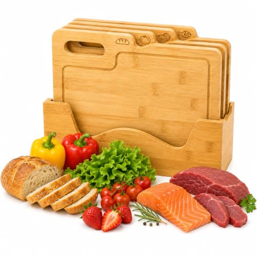 SOLZEVANAS 4 Piece Bamboo Chopping Board Set with Holder, Sturdy Wooden Cutting Boards for Meat, Fish, Bread and Vegetables, Large Kitchen Board Set with Food Icons, Worktop Storage