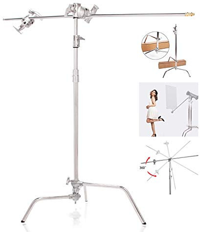 Super Heavy Duty 10ft/300cm Solid C-Stand with 127cm Holding Arm Grip Head Double Riser C-Stand with Sliding Leg, Stainless Metal Light Stand for Photography Reflectors Softboxes Monolights Umbrellas