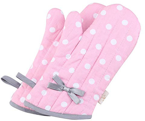NEOVIVA Ofenhandschuhe und Schürze Set, Topfhandschuhe Hitzebständig Baumwolle Waschbarer Backhandschuh für Küche, BBQ, Auflaufform und Grillen, Gepunktet, Rosa (Ofenhandschuhe Kinder Set)