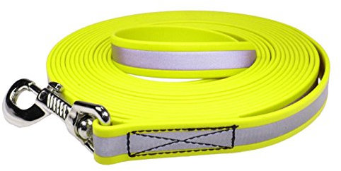 LENNIE Reflektierende BioThane Schleppleine für Hunde ab 35 kg, 10m lang, 19 mm, ohne Handschlaufe, Neongelb, genäht