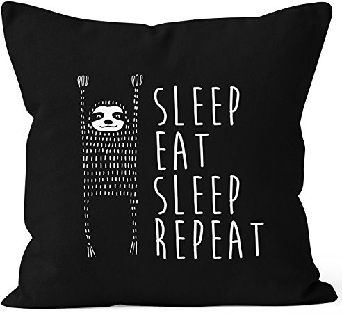 MoonWorks lustiger Kissenbezug Sleep eat Sleep Repeat Faultier Kissen-Hülle 40x40 Baumwolle Schwarz Unisize