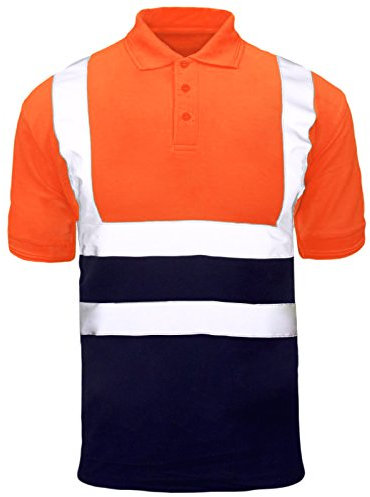 MyShoeStore Hi Viz Vis High Visibility Polo Shirt Reflective Tape Safety Security Work Button T-Shirt Breathable Lightweight Double Tape Workwear Top S-7XL 5X-Large - Orange Navy / Short Sleeve
