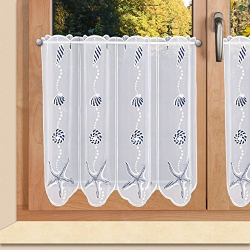 Maritime Scheibengardine Muschel und Seestern Vogtländische Spitze - Badgardine Unterwasser-Motiv in blau-weiß | Scheibenhänger Badezimmer & Ferienwohnung | Kurzgardine Höhe x Breite 50 x 128 cm