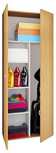 Holz-Besenschrank | 6 Fächer | Maße ca. B. 70 x H. 178 x T. 40 cm | Haushaltsschrank | Mehrzweckschrank - Vandol