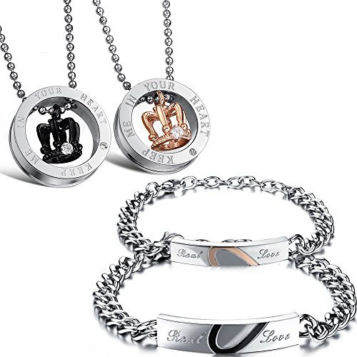 Kim Johanson Edelstahl Pärchen Schmuckset Armbänder & Ketten Love Kingdom für verliebte Roségold & Schwarz mit Cubic Zirkonia inkl. Schmuckbeutel