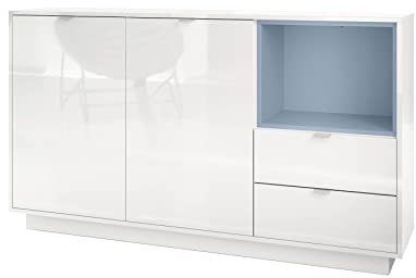 Vladon Sideboard Kommode Metro, Made in Germany, Korpus in Weiß Hochglanz/Fronten in Weiß Hochglanz mit Einsatz in Denim matt