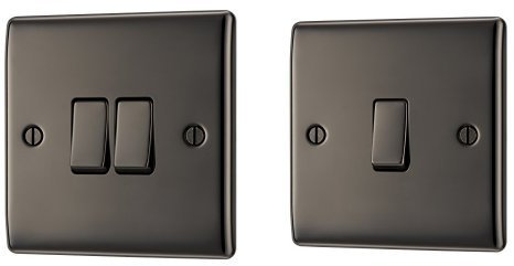 BG Electrical NBN42 10 A 2-Way Nexus Metal Double Light Switch, Black Nickel + NBN12 10 A Electrical 1-Gang 2-Way Metal Nickle Light Switch, Black