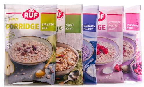 RUF Porridge Set: 2x Himbeer-White Choc 65g, 2x Blueberry-Joghurt 65g, 2x Bircher Art 65g, 2xZimt Apfel 65g, 2x Cranberry Kokos 65g