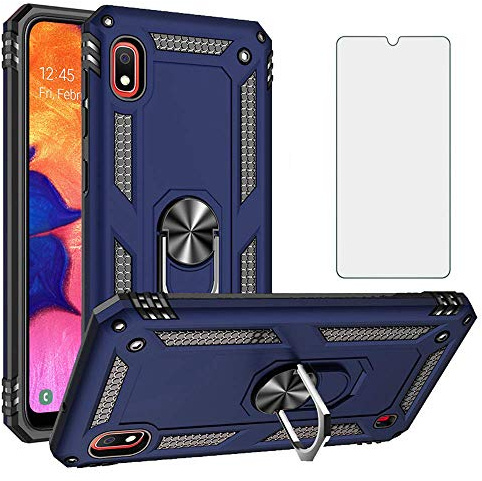 Phone Case for Samsung Galaxy A10 with Tempered Glass Screen Protector Cover and Stand Ring Magnetic Rugged Metal Silicone Rubber Holder Hard Shockproof Heavy Duty Accessories A 10 10A 2019 Girly Blue