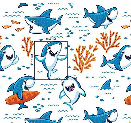 Pingianer 11,99€/m Fisch Wal 100% Baumwolle Baumwollstoff Kinder Meterware Handwerken Nähen Stoff (Hai Surfbrett Weiß, 300x160cm (11,99€/m))