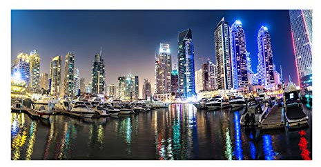Tulup Glas-Bild 100x50cm - Wandbild Glas Wandkunst - Wandbild gehärtetem Sicherheitsglas - Dekorative Wand Küche Wohnzimmer - Dubai bei Nacht