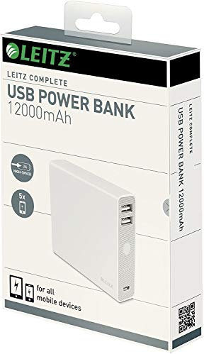 Leitz 12000mAh 2 Port USB Power Bank Portable Battery Pack | For Smartphone, iPad, Tablet, USB Device (Glossy White)