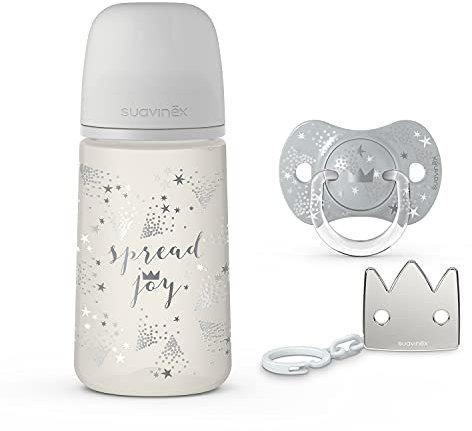 Suavinex, Pack für Neugeborene Sx Pro 0-6 Monate. Enthält: Anti-Kolik-Babyflasche 270 ml mittlerer Nahrungsfluss + Sx Pro Physiologischer Silikon-Sauger + Schnullerkette. Spread Joy Gris