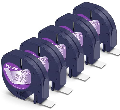 Wonfoucs Compatible with Dymo Label Plastic Tape for Dymo LetraTag Tape 12267 12mm x 4m Black on Transparent, LT-100H LT-100T LT-110T QX50 XR, 5 Pack