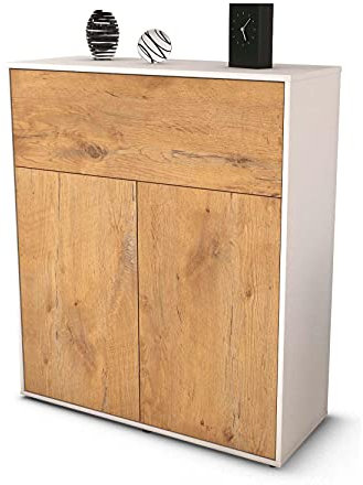 Stil.Zeit Highboard Giulia, Korpus Weiss matt, Front Holz-Design Eiche (92x108x35cm), Push-to-Open Technik & Leichtlaufschienen