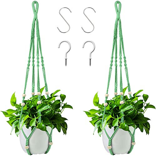Augshy Makramee Pflanzenaufhänger, grün, hängende Pflanzgefäße für Innen Außen, Home-Decor, ohne Quasten, 2er-Set mit 4 Haken