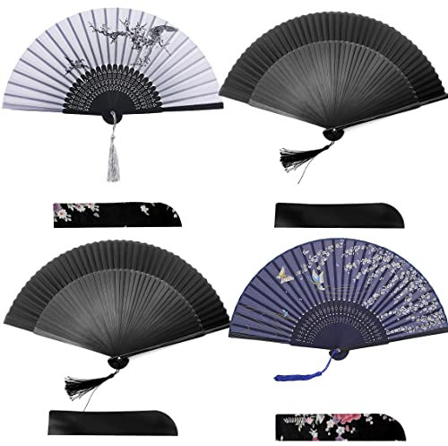 iZoeL Fächer Hochzeit Handfächer 4Stk Hochzeitsfächer Brautfächer Stofffächer Taschenfächer Faltfächer Gastgeschenk Taufe Kommunion mit Beutel (2 Schwarz + Grau + Blau)