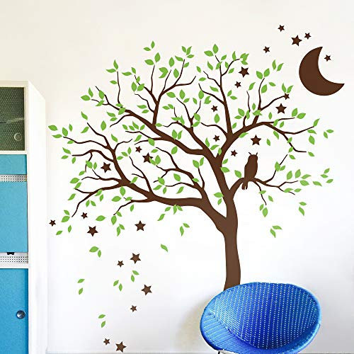 Studio Quee Großer Baum Wandaufkleber mit Eule, Mond und Sternen Kinderzimmer Wandbild Dekoration 088 (Äste nach links, Braun, Lindengrün)