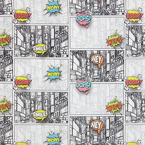 Kt KILOtela - Patchwork-Stoff, Baumwolle, Digitaldruck, Nähen, Basteln, 50 cm Länge x 140 cm Breite, Comic, Smile, Wow, Weiß, Schwarz, Mehrfarbig ─ 0,50 m