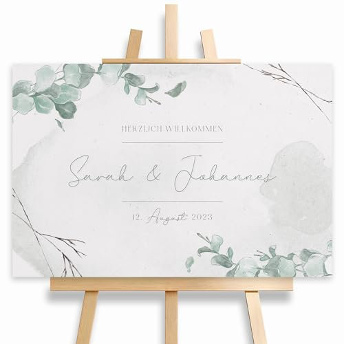 HEI Print Cartel de bienvenida de boda con eucalipto con fecha y nombre, decoración de boda personalizada, acuarela, cartel de bienvenida, verde, 60 x 40 cm (placa de espuma dura)