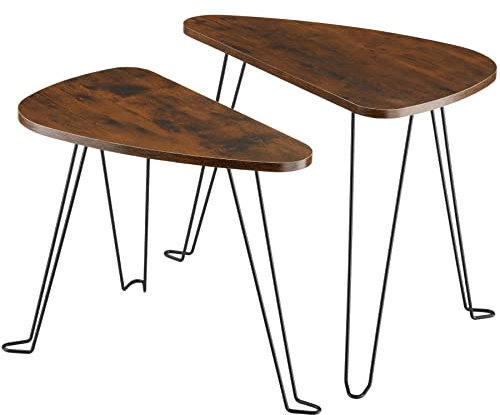 tectake Beistelltisch 2er-Set, dreiseitiger Couchtisch in 2 Größen, Industrie-Stil, Holz Satztische platzsparend untereinander verstaubar, schwarzes Metallgestell (Industrial Dunkelbraun)