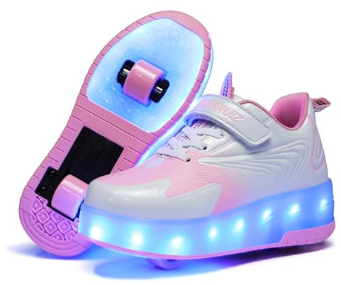 Ehauuo Scarpe a rullo unisex per bambini, con ruote scintillanti, per ragazze, si illuminano con pattini a rotelle, scarpe da ginnastica ricaricabili lampeggianti per regalo, K-rosa, 4.5 Big Kid