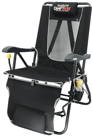 CAMPWERK Lounge Campingstuhl, Mit Liegefunktion & Fußteil, Outdoorstuhl, Faltstuhl, Klappstuhl, Camping Stuhl, Mit Handy- und Getränkehalter, Tragbar, Tragkraft bis 120 kg