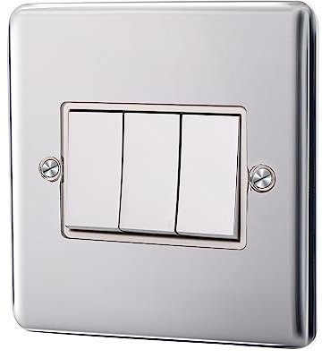 ASAB 3 Gang 2 Way 10A Plate Switch PGM 33667 Brushed Steel 3 Gang Design Durable Polished Finish Soft Smooth Edges Easy Install Excellent Electrical Conductivity Commercial and Residential Use