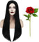 Halloween Schwarz Perücke,Schwarz Lange Gerade Perücke,Perücke Hexe,1 Wig +1 Haarnetz+1 Künstliche Rosen,für Perücke Damen,Halloween,Karneval,Cosplay Party,Synthetische Perücken ca. 85cm