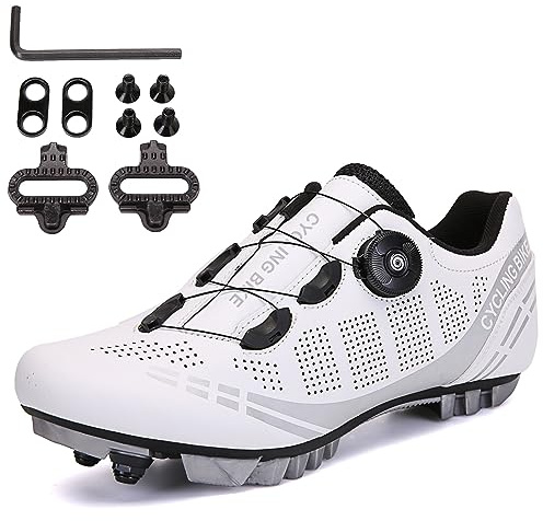 PENXZT Zapatillas para Hombres de montaña en Bicicleta Compatible con Shimano SPD 2 Pernos Pedales Zapatos MTB Carreras en Interiores y al Aire Libre,Blanco,46 EU