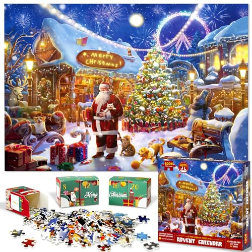 Puzzle-Adventskalender 2024 für Kinder und Erwachsene – 1008 Teile Puzzle 24 Tage Weihnachts-Countdown-Kalender – Familienspiel Weihnachtsgeschenke für Kinder Teenager Erwachsene (27,56 x 19,68 Zoll)