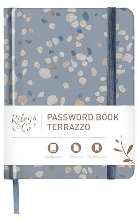 Rileys & Co. Password Book with Alphabetical Tabs, Password Keeper, Password Books for Seniors, Password Notebook for Internet Login, Website, Username (Terrazzo, Blue, 15.2 x 11.4 cm)