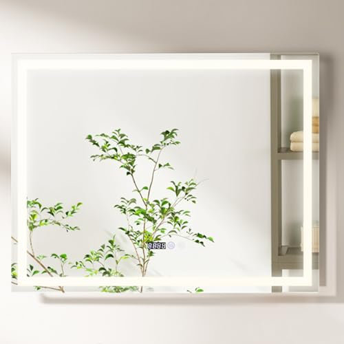RELAX4LIFE LED Badspiegel 90x70cm, Badezimmerspiegel mit Beleuchtung, Wandspiegel mit Touch-Schalter, Anti-Beschlag, Dimmbar 3 Lichtfarben, Zeit- & Temperaturanzeige, Rechteckiger Lichtspiegel
