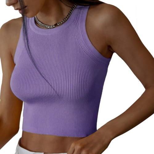 XIVISTO Camiseta sin Mangas para Mujer Sexy Cuello Redondo Crop Top Verano Camiseta de Punto Acanalado