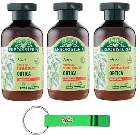 3x Antica Erboristeria Shampoo Seboregolatore all'Ortica per Capelli Grassi Formula Vegan Senza Siliconi e Coloranti,Flaconi da 250ml + Portachiavi Beni Culinari in Omaggio