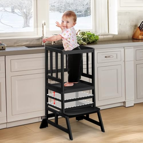 COSYLAND Torre Montessoriana Bambini regolabile in altezza - torretta montessoriana con dispositivo anti-ribaltamento e gradini antiscivolo - montaggio facile per età 18 mesi-6 anni(Nero)