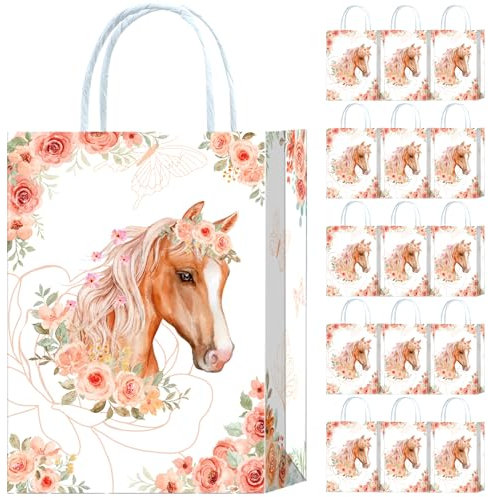 16 Stück Pferde Party Taschen,Pferd Geschenktüten,Pferde Papiertüten mit Henkel,Pferd Geburtstag Geschenktaschen,Pferde Papier Gastgeschenke Tüten Mitgebseltüten
