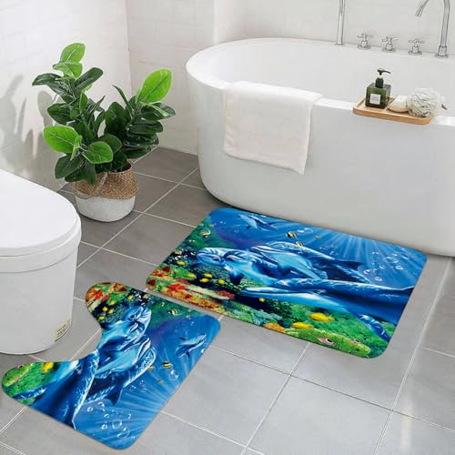 EYLOZS Badezimmerteppich Set 2 Teilig Waschbar rutschfeste Badematte Toilettenmatte Weich Saugfähige Badteppiche,Niedlicher Delfin-Ozean-Tierdruck