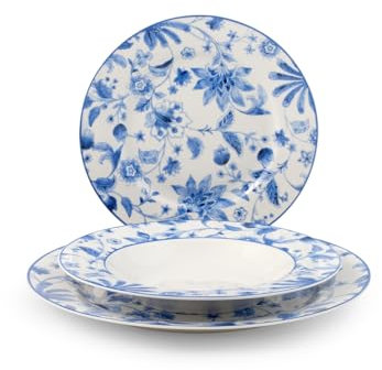 H&H, Servizio tavola 18 pezzi Blue Arbor set tavola completo, piatti con decori blu, piatti eleganti, stile inglese, lavabili in lavastoviglie