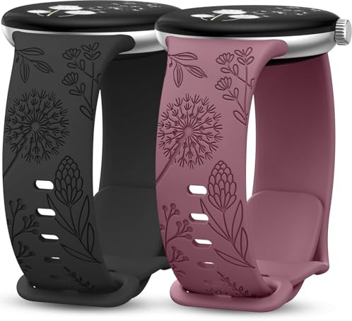TOYOUTHS 2 Stück Floral Gravierte Armband Kompatibel mit Google Pixel Watch 4/3 41mm/Pixel Watch 2/1 Damen, Fancy Cute Weich Silikon Fancy Löwenzahn Blume Sport Loop Armband