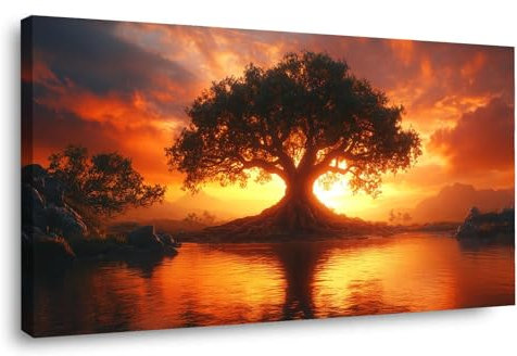 BOHUO Or, orange Tableau Decoration Murale Salon Moderne Grand, Lac Sunset Tableaux Arbre De Vie,Impression Sur Toile,Decoration Murale Chambre Cuisine-40x80cm Encadrée