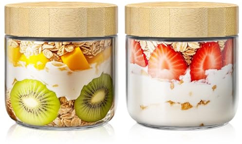 HomArtist Confezione da 2 contenitori per avena durante la notte da 283,5 g, con coperchio, barattoli in vetro con coperchio in bambù, barattoli in vetro con coperchio ermetico, per yogurt, insalata,