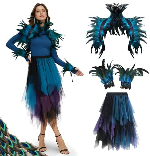 Ulikey Pfau Kostüm Damen, Blau Grün Pfau Tüllrock, Feder Cape, Feder Manschette Handgelenk Armband, Karneval Pfau Rock für Fasching Cosplay Karneval Mottoparty
