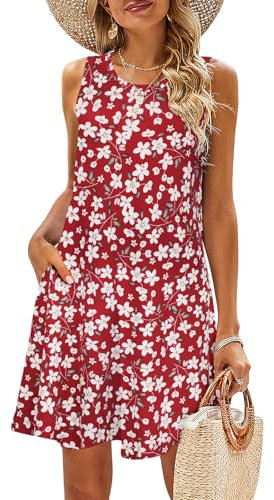 BDTECAOR Damen Sommerkleid Boho Strandkleid Ärmellos Swing Kleider mit Taschen Rot L
